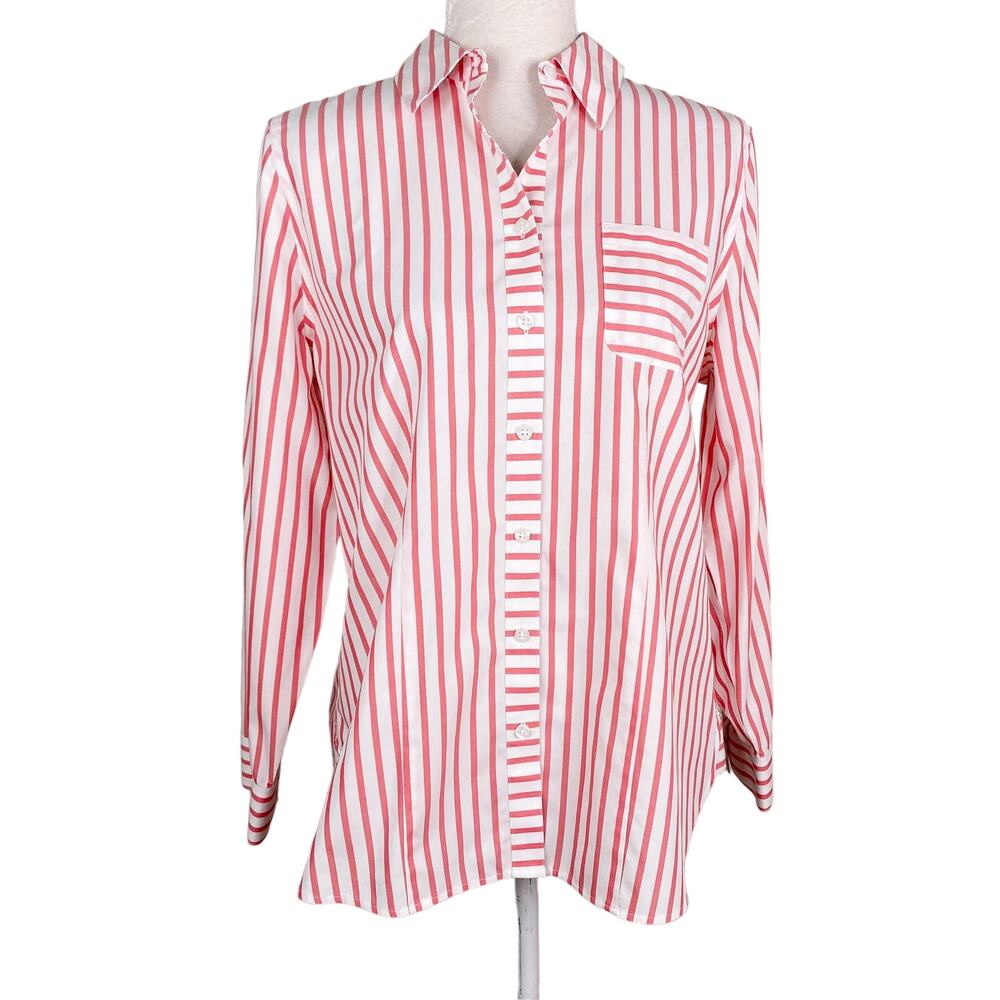 Chico's Caroline Pocket Shirt Button Down 1 (8) Pink White Striped Cotton